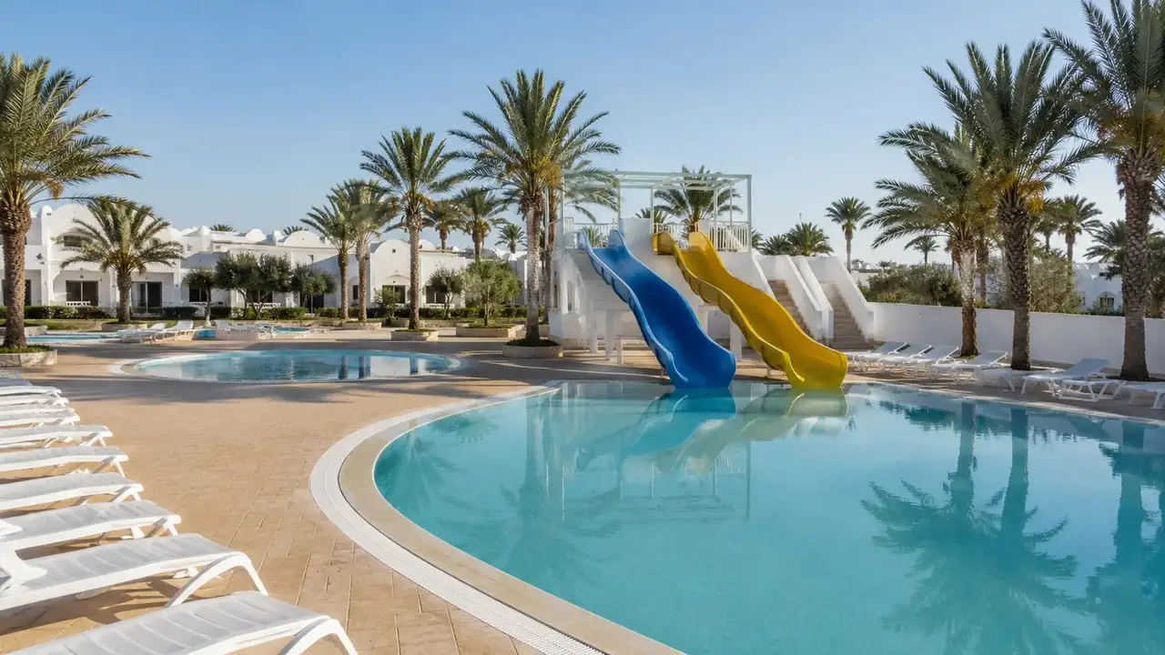Prázdný hotelový aquapark ráno, modrožluté tobogány a mělký bazének, klidná hladina
