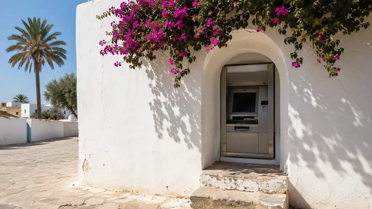 Bankomat zapuštěný do bílé zdi pod obloukem, kamenný schod a bougainvillea